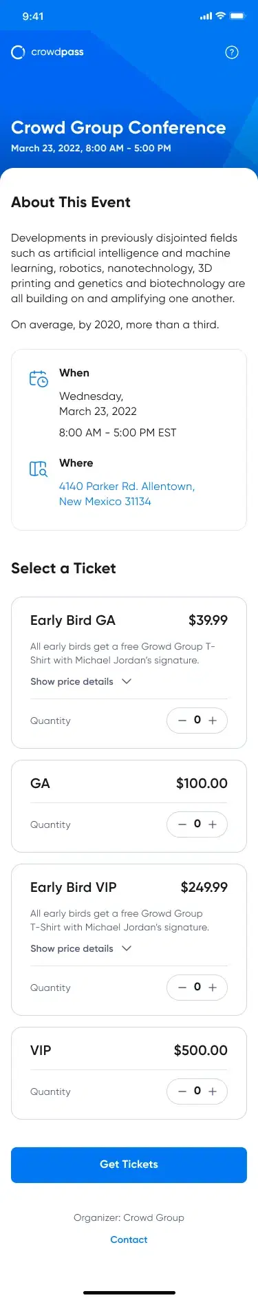 CrowdPass registration flow from online sign-up to on-site check-in