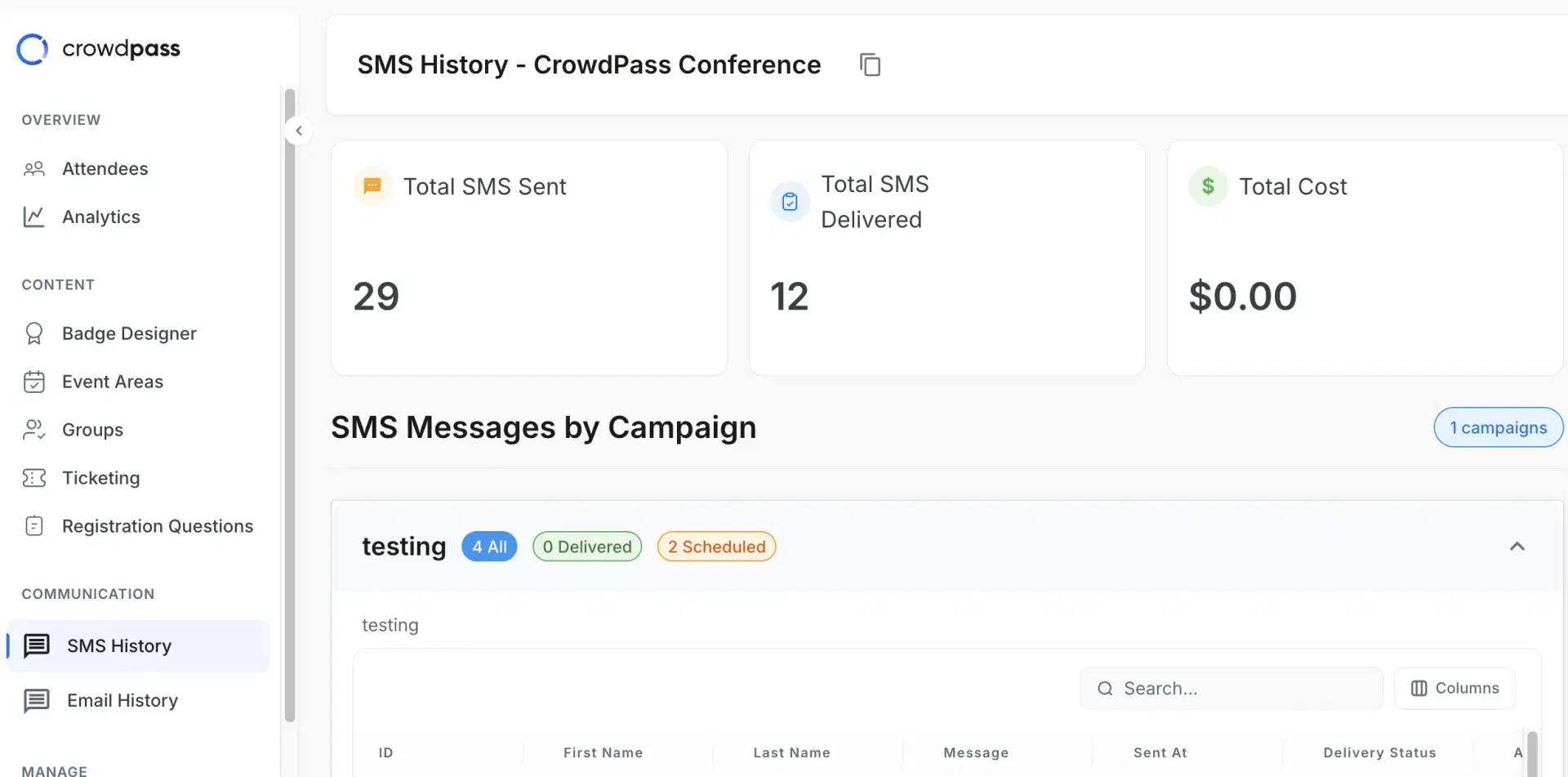 CrowdPass SMS messaging interface