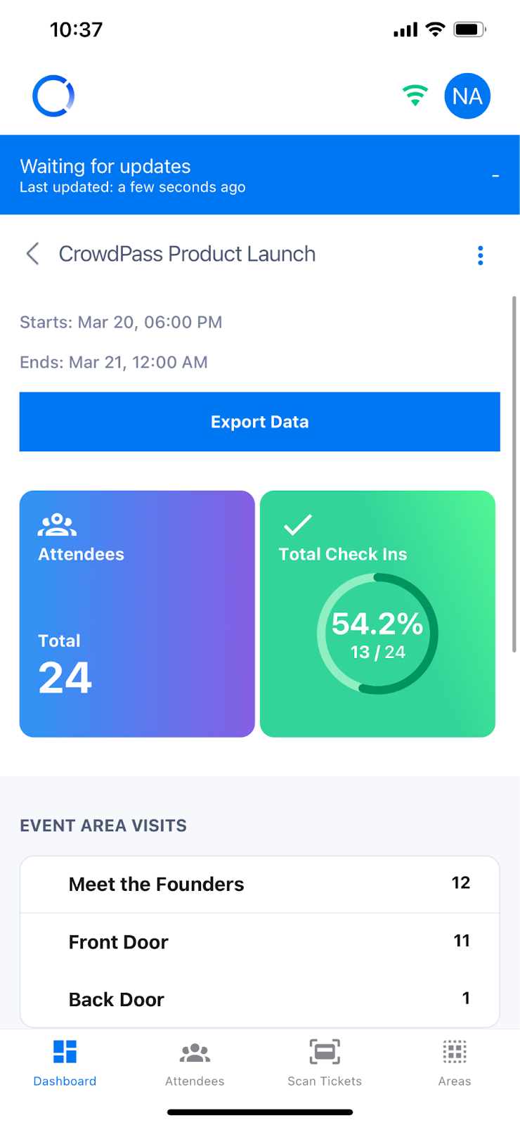 Event dashboard in CrowdPass app
