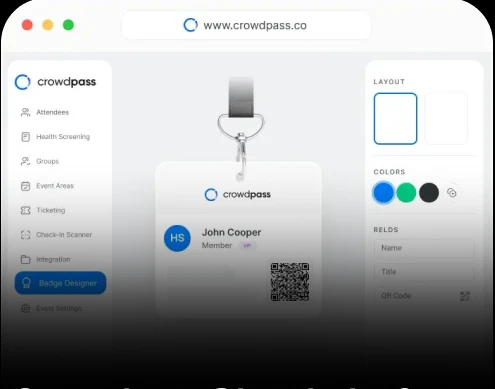 CrowdPass badge designer with custom credentials