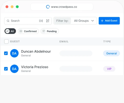 Guest list with search, groups, and attendee registration status